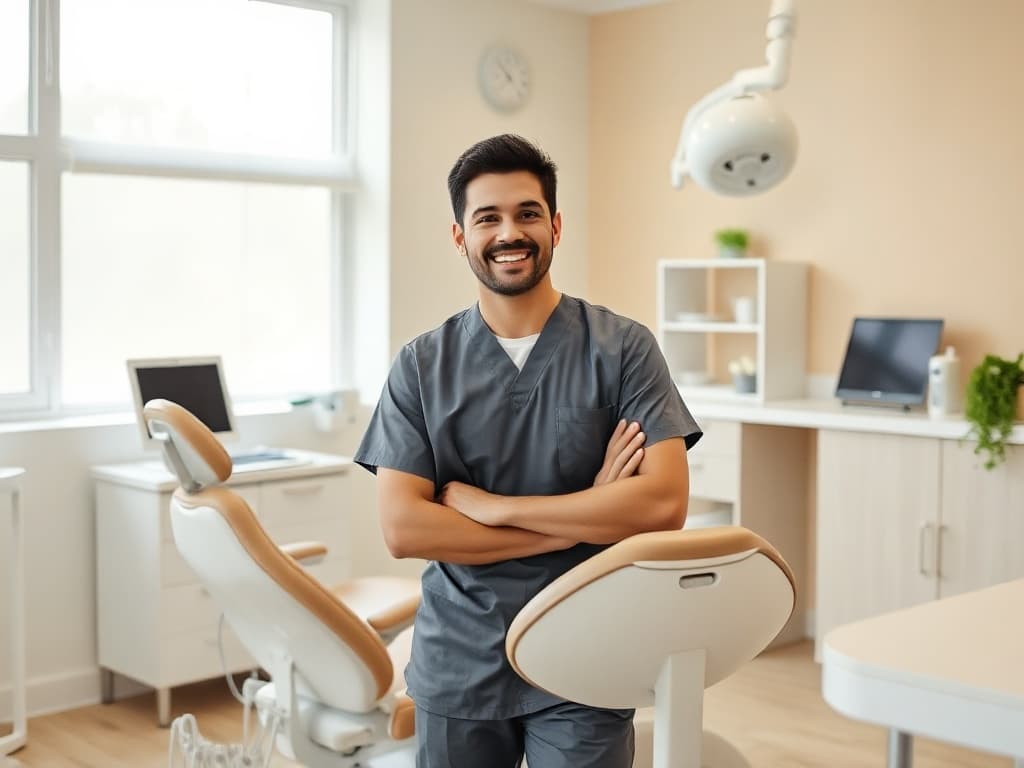 Friendly dentist in scrubs smiling in a modern dental office, a LeadFlow AI lead generation client