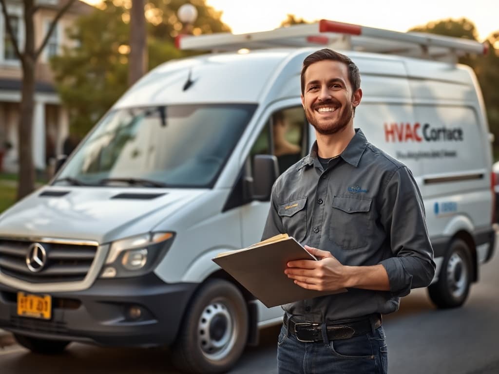 HVAC technician in uniform in front of a service van, generating emergency repair leads with LeadFlow AI