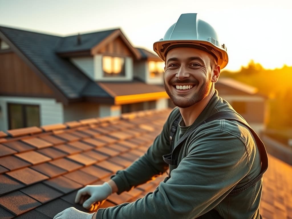 Roofing crew member in hard hat on a residential rooftop, winning storm-season leads